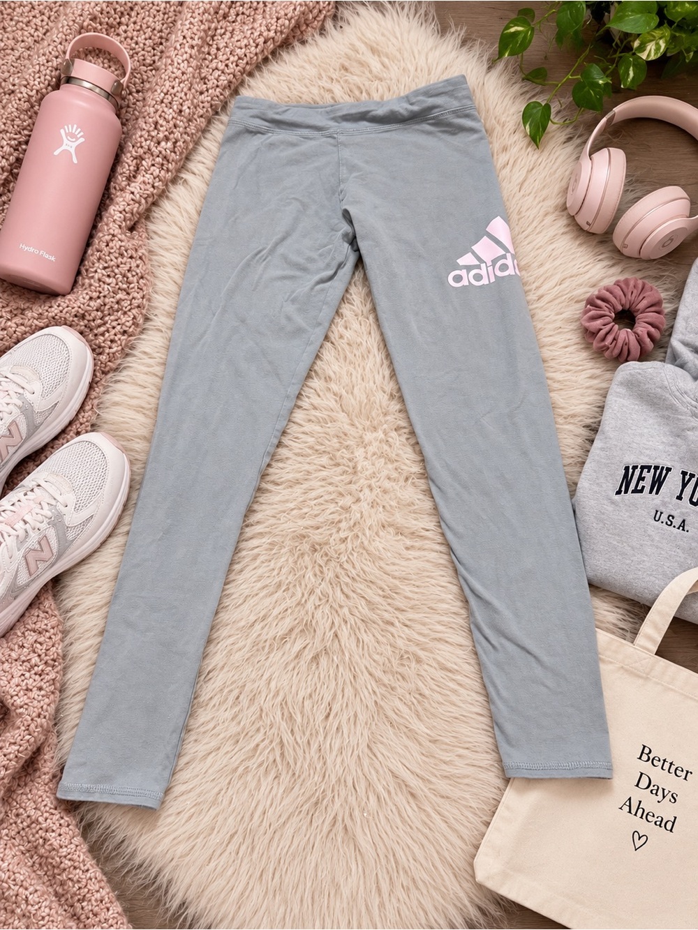 Adidas Girls XL Gray Leggings Pink Logo Athletic Pants